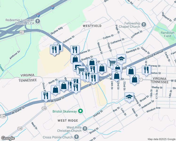 map of restaurants, bars, coffee shops, grocery stores, and more near 176 Gate City Highway in Bristol