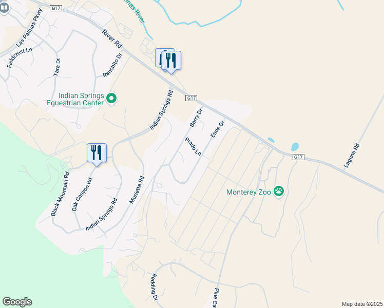map of restaurants, bars, coffee shops, grocery stores, and more near 18040 Prado Ln in Salinas