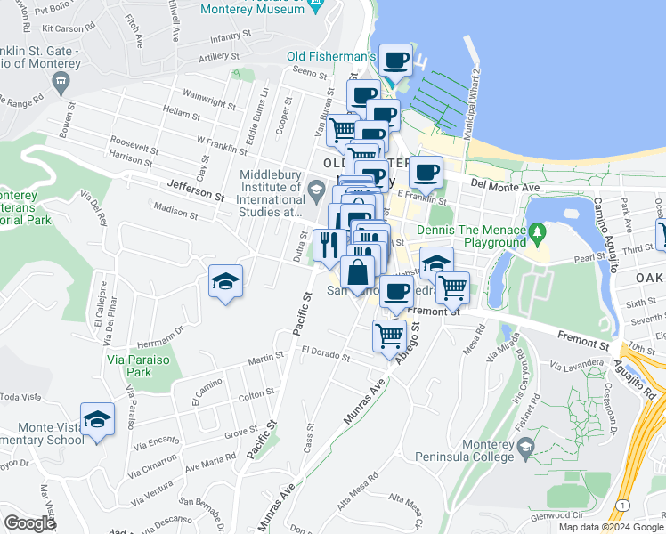 map of restaurants, bars, coffee shops, grocery stores, and more near 580 Polk Street in Monterey