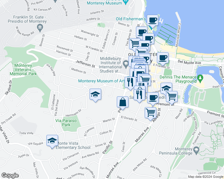 map of restaurants, bars, coffee shops, grocery stores, and more near 614 Van Buren Street in Monterey