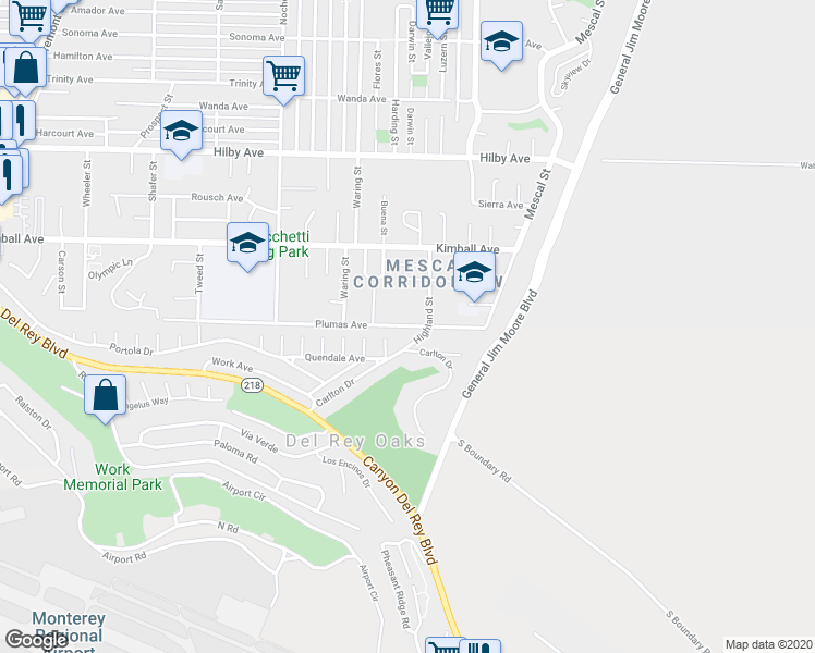 map of restaurants, bars, coffee shops, grocery stores, and more near 1501 Plumas Avenue in Seaside