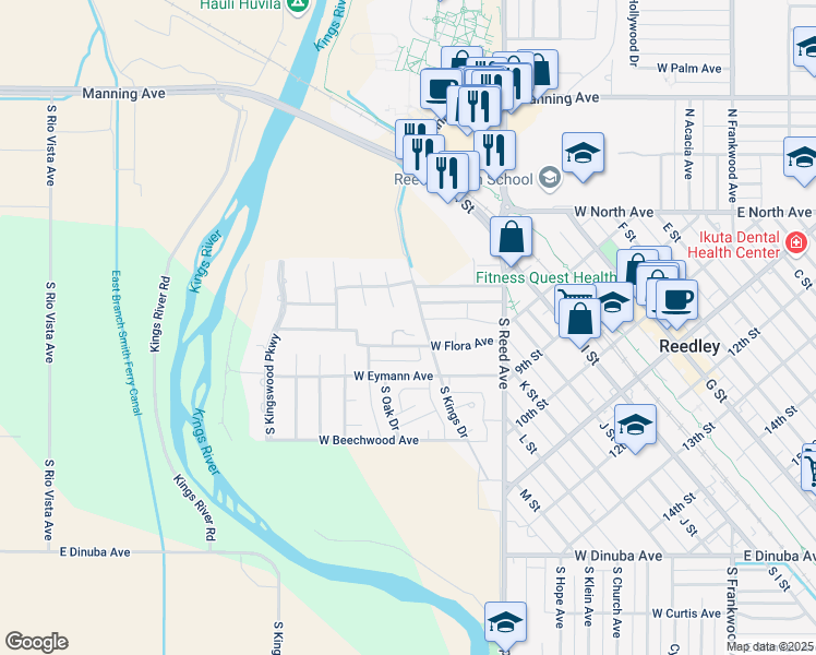 map of restaurants, bars, coffee shops, grocery stores, and more near 1232 West Flora Avenue in Reedley