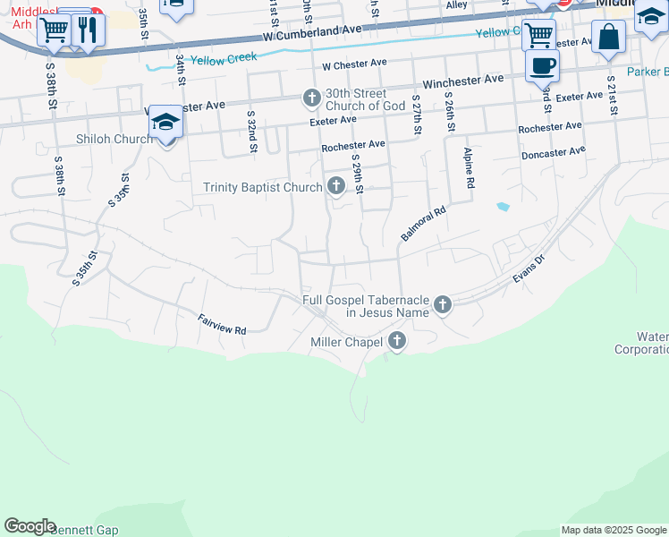 map of restaurants, bars, coffee shops, grocery stores, and more near 227 Parker Lane in Middlesboro