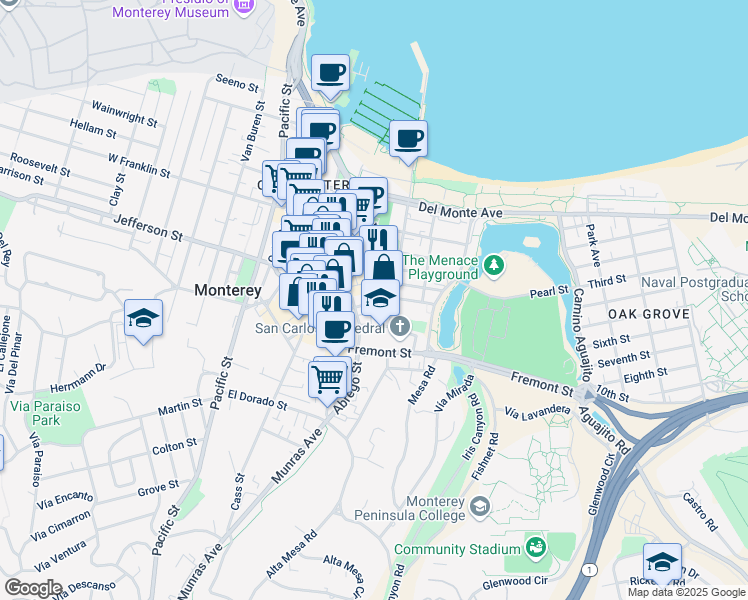 map of restaurants, bars, coffee shops, grocery stores, and more near 457 Webster Street in Monterey