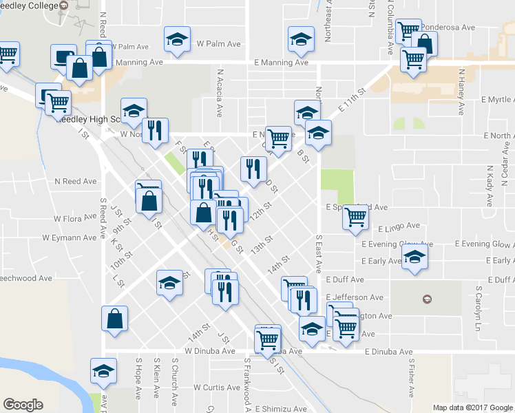 map of restaurants, bars, coffee shops, grocery stores, and more near 1155 E Street in Reedley
