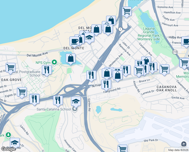 map of restaurants, bars, coffee shops, grocery stores, and more near 419 Palo Verde Avenue in Monterey
