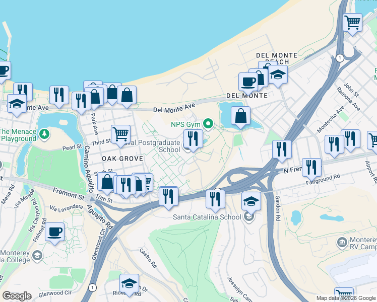 map of restaurants, bars, coffee shops, grocery stores, and more near in Monterey