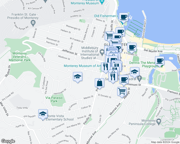 map of restaurants, bars, coffee shops, grocery stores, and more near 614 Van Buren Street in Monterey