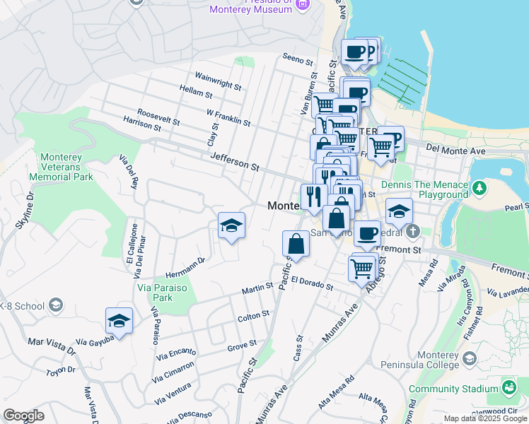 map of restaurants, bars, coffee shops, grocery stores, and more near 614 Van Buren Street in Monterey