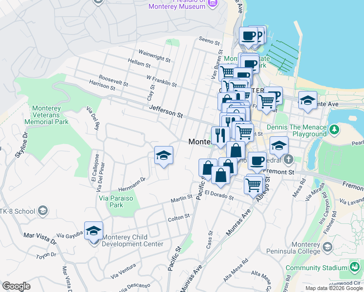 map of restaurants, bars, coffee shops, grocery stores, and more near 555 Madison Street in Monterey