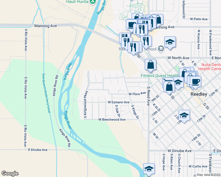 map of restaurants, bars, coffee shops, grocery stores, and more near 116 West Flora Avenue in Reedley