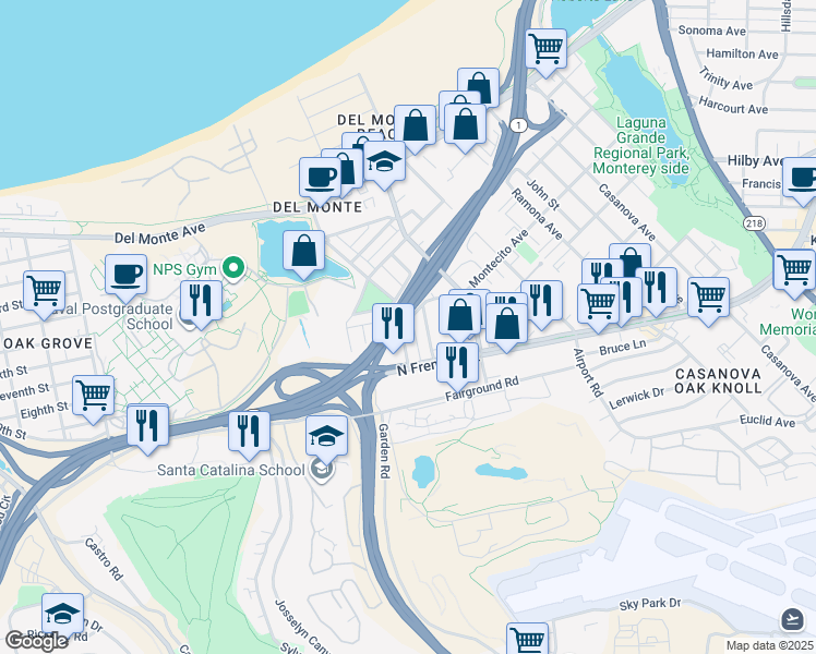 map of restaurants, bars, coffee shops, grocery stores, and more near 419 Palo Verde Avenue in Monterey