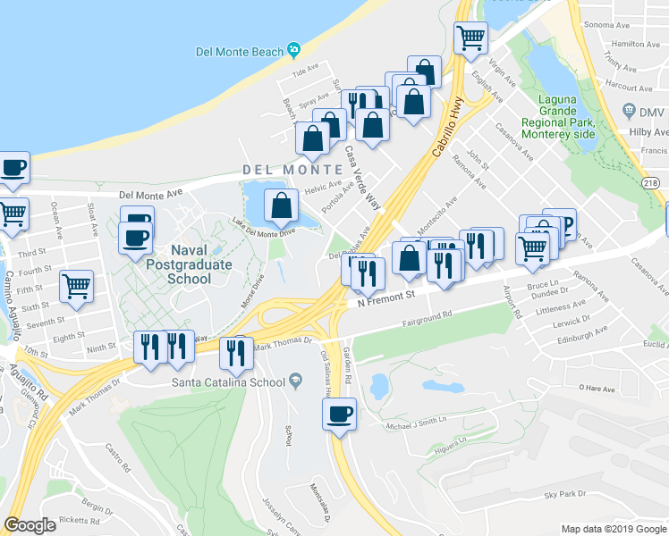 map of restaurants, bars, coffee shops, grocery stores, and more near 416 Estrella Avenue in Monterey