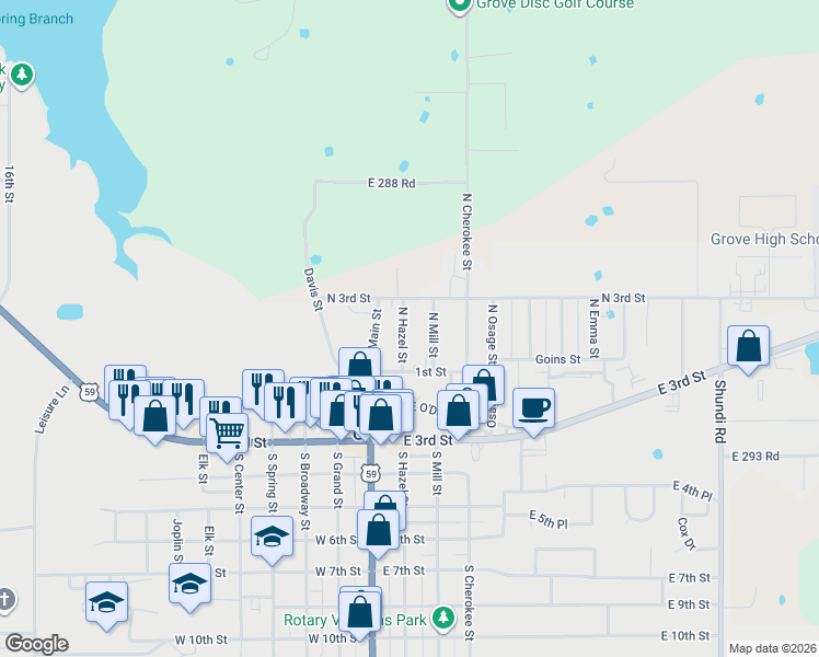 map of restaurants, bars, coffee shops, grocery stores, and more near 116 North Hazel Street in Grove