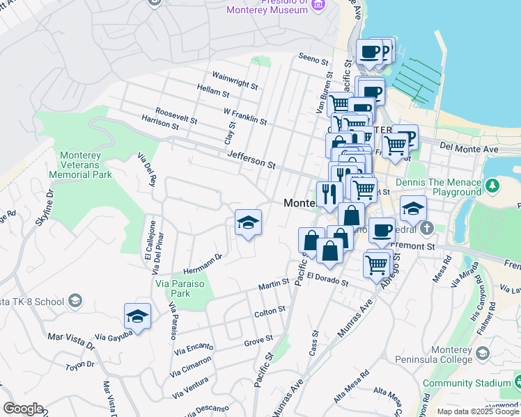 map of restaurants, bars, coffee shops, grocery stores, and more near 7 Herrmann Drive in Monterey