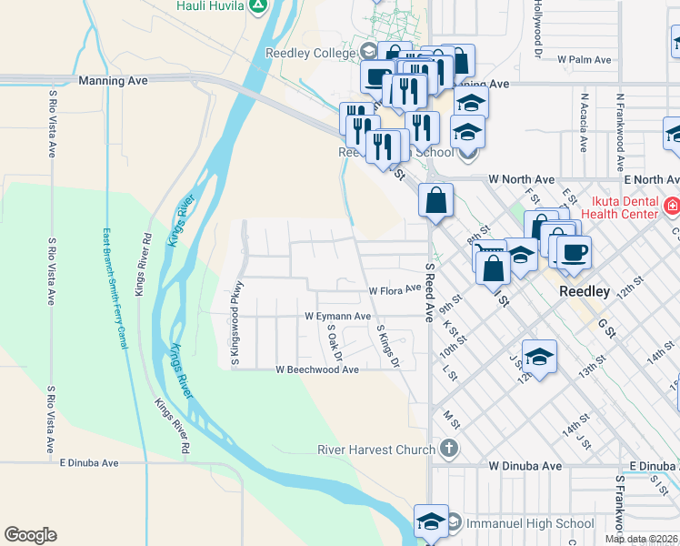 map of restaurants, bars, coffee shops, grocery stores, and more near 1232 West Flora Avenue in Reedley