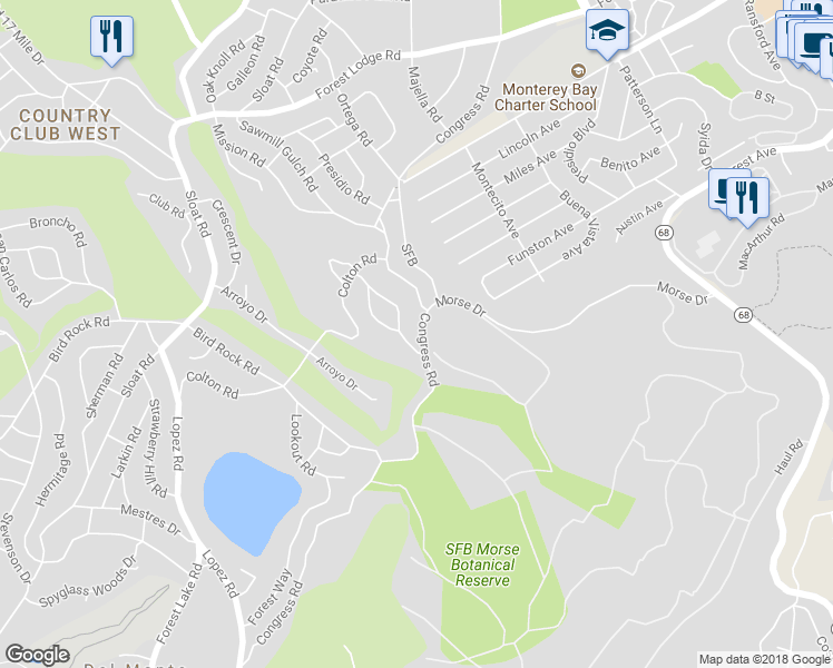 map of restaurants, bars, coffee shops, grocery stores, and more near 2940 Congress Road in Del Monte Forest