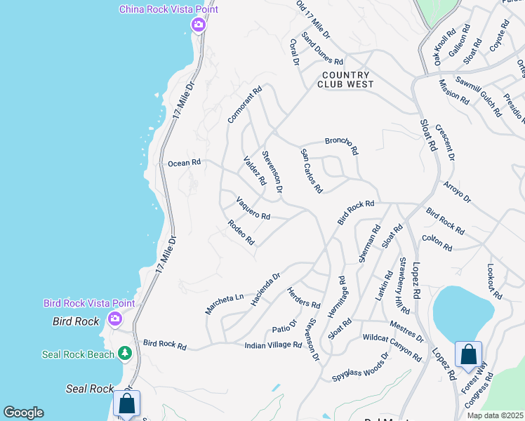 map of restaurants, bars, coffee shops, grocery stores, and more near 1039 Vaquero Road in Del Monte Forest