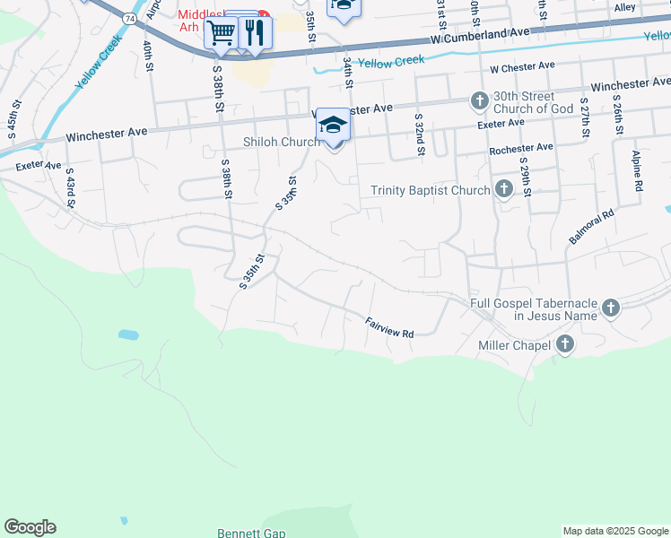 map of restaurants, bars, coffee shops, grocery stores, and more near 501 South 35th Street in Middlesboro