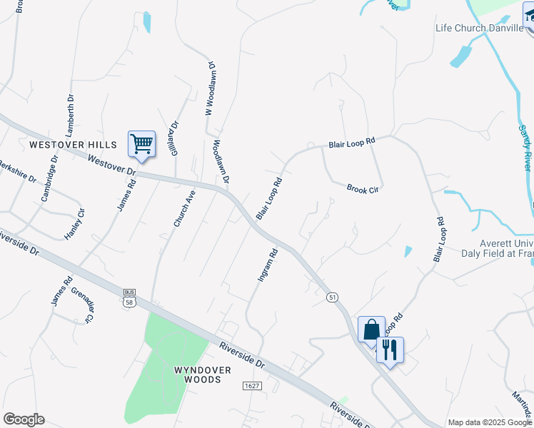 map of restaurants, bars, coffee shops, grocery stores, and more near 1985 Blair Loop Road in Danville