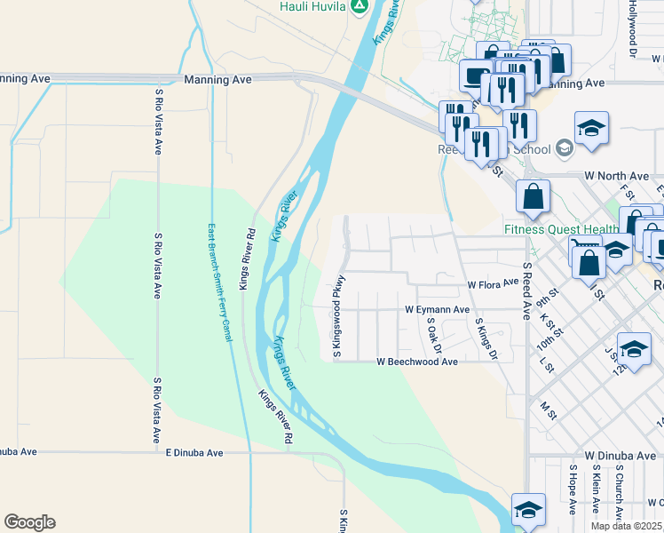 map of restaurants, bars, coffee shops, grocery stores, and more near 115 North Kingswood Parkway in Reedley