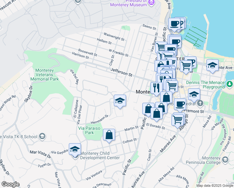 map of restaurants, bars, coffee shops, grocery stores, and more near 6 La Selva Court in Monterey
