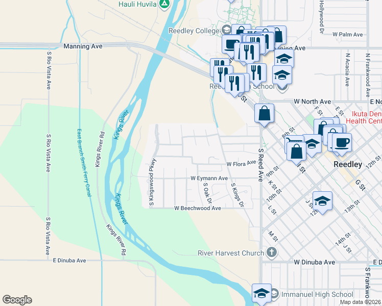 map of restaurants, bars, coffee shops, grocery stores, and more near 116 West Flora Avenue in Reedley