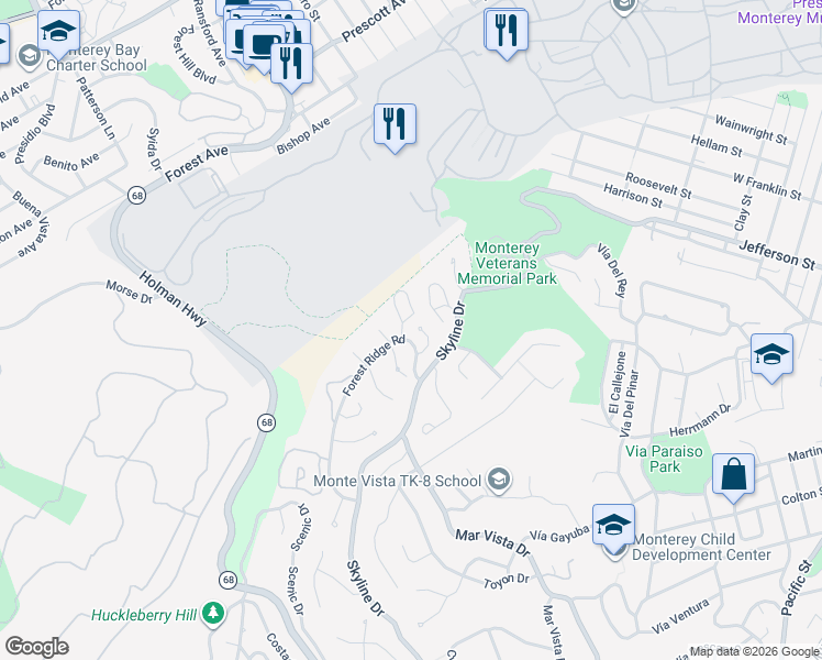 map of restaurants, bars, coffee shops, grocery stores, and more near 3 Overlook Place in Monterey