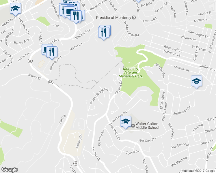 map of restaurants, bars, coffee shops, grocery stores, and more near 3 Overlook Pl in Monterey