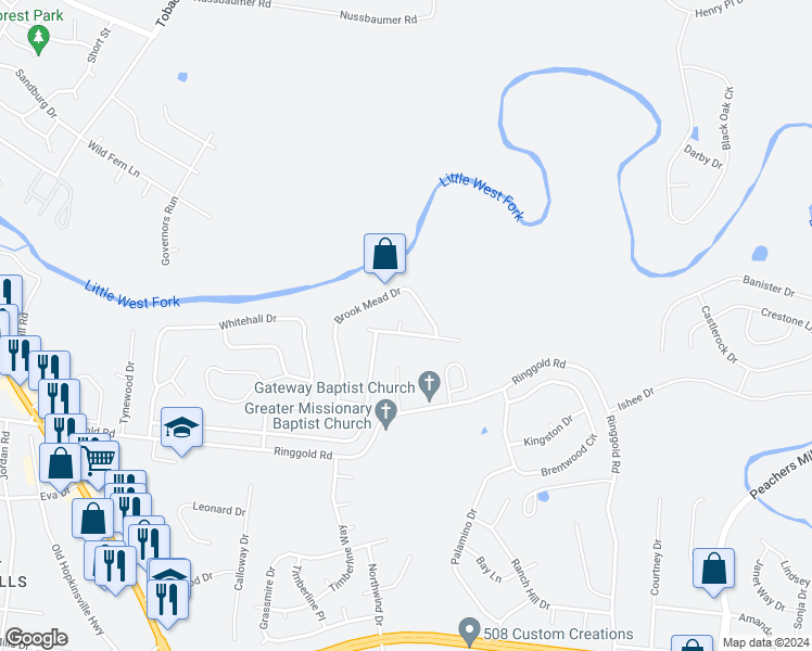 map of restaurants, bars, coffee shops, grocery stores, and more near 100 Heather Denise Court in Clarksville