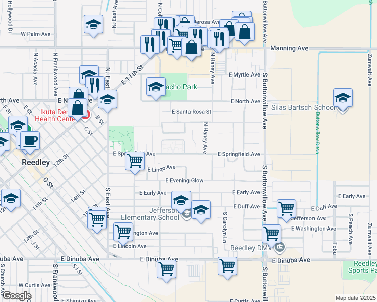 map of restaurants, bars, coffee shops, grocery stores, and more near 1112 East Springfield Avenue in Reedley