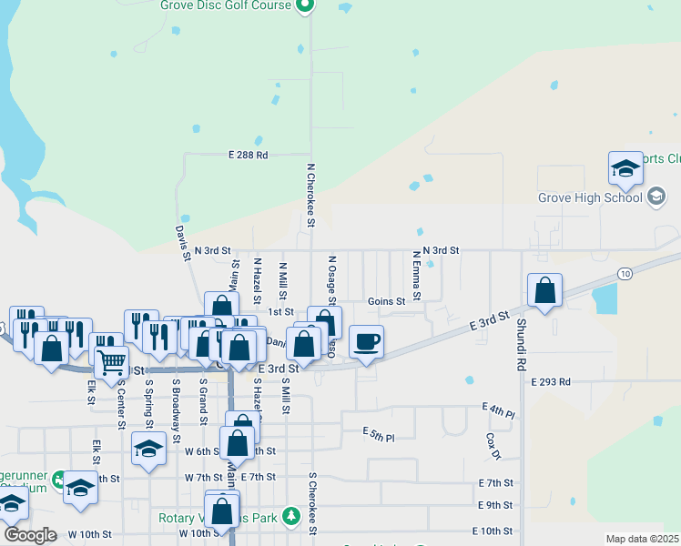 map of restaurants, bars, coffee shops, grocery stores, and more near 113 Osage Street in Grove