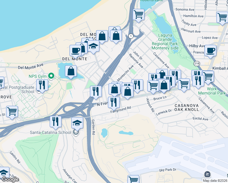 map of restaurants, bars, coffee shops, grocery stores, and more near 425 Alcalde Avenue in Monterey