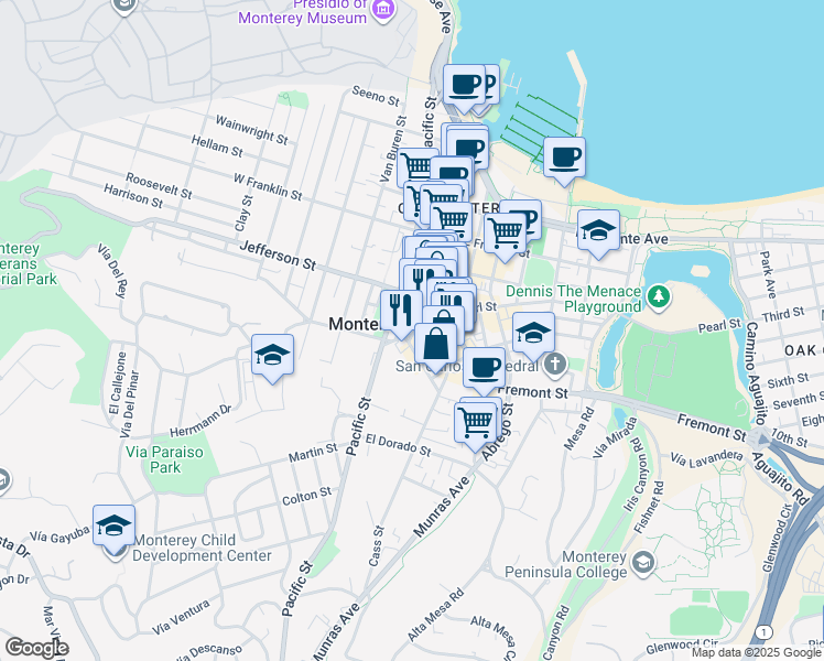 map of restaurants, bars, coffee shops, grocery stores, and more near 578 Polk Street in Monterey