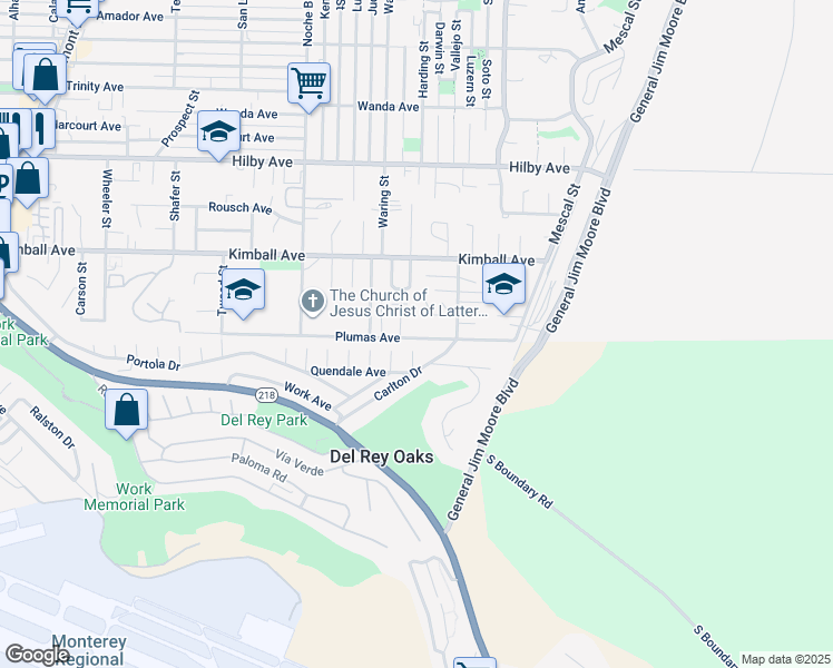 map of restaurants, bars, coffee shops, grocery stores, and more near 1501 Plumas Avenue in Seaside