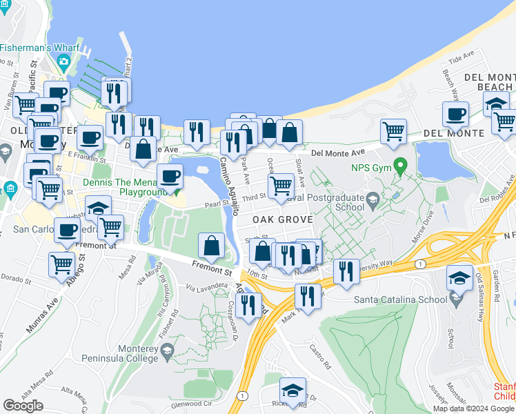 map of restaurants, bars, coffee shops, grocery stores, and more near 1142 Fourth Street in Monterey