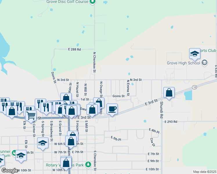map of restaurants, bars, coffee shops, grocery stores, and more near 113 Osage Street in Grove