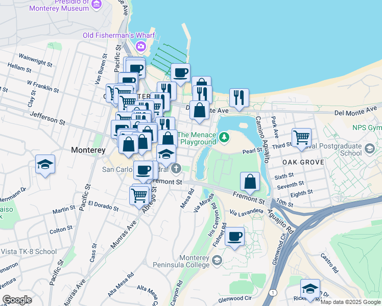 map of restaurants, bars, coffee shops, grocery stores, and more near 550 Camino El Estero in Monterey