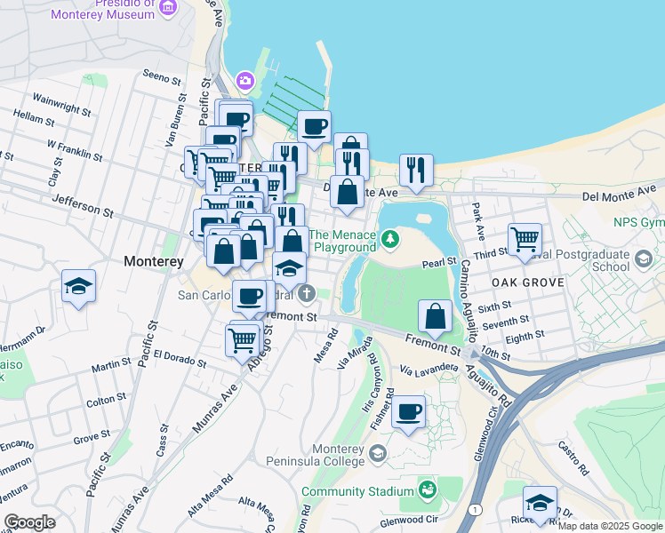 map of restaurants, bars, coffee shops, grocery stores, and more near 550 Camino El Estero in Monterey