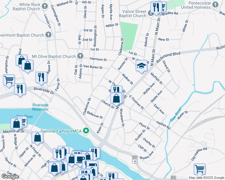 map of restaurants, bars, coffee shops, grocery stores, and more near 136 Baugh Street in Danville