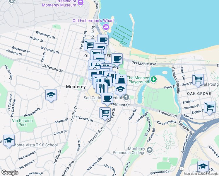 map of restaurants, bars, coffee shops, grocery stores, and more near 556 Abrego Street in Monterey
