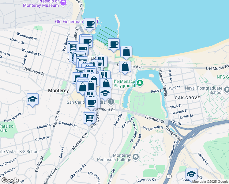 map of restaurants, bars, coffee shops, grocery stores, and more near 535 Webster Street in Monterey