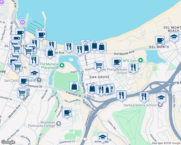 map of restaurants, bars, coffee shops, grocery stores, and more near 1113 Fourth Street in Monterey
