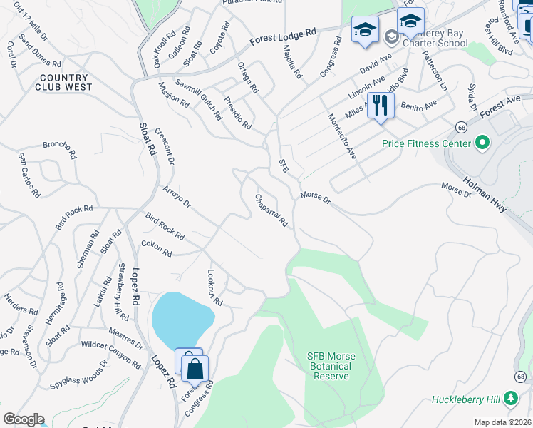 map of restaurants, bars, coffee shops, grocery stores, and more near 1158 Chaparral Road in Del Monte Forest
