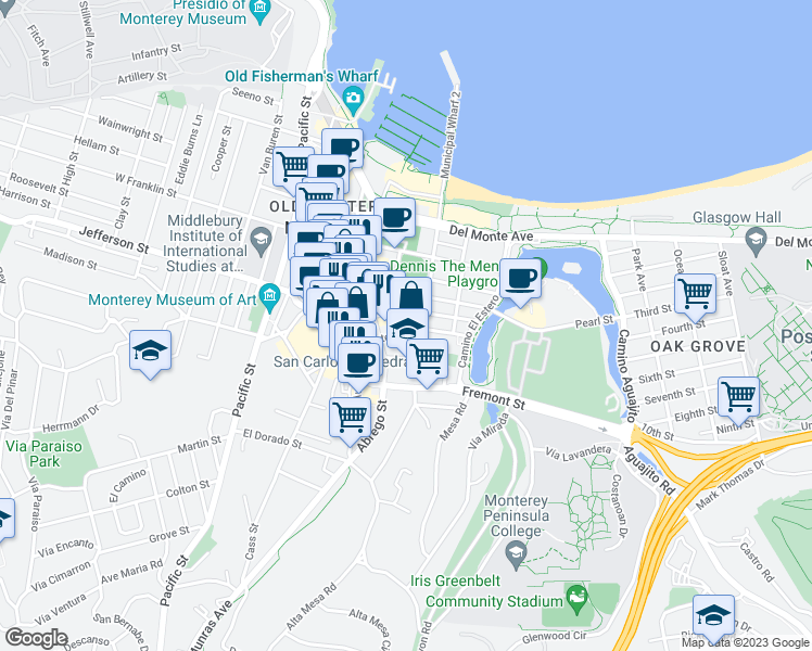 map of restaurants, bars, coffee shops, grocery stores, and more near 471 Webster Street in Monterey
