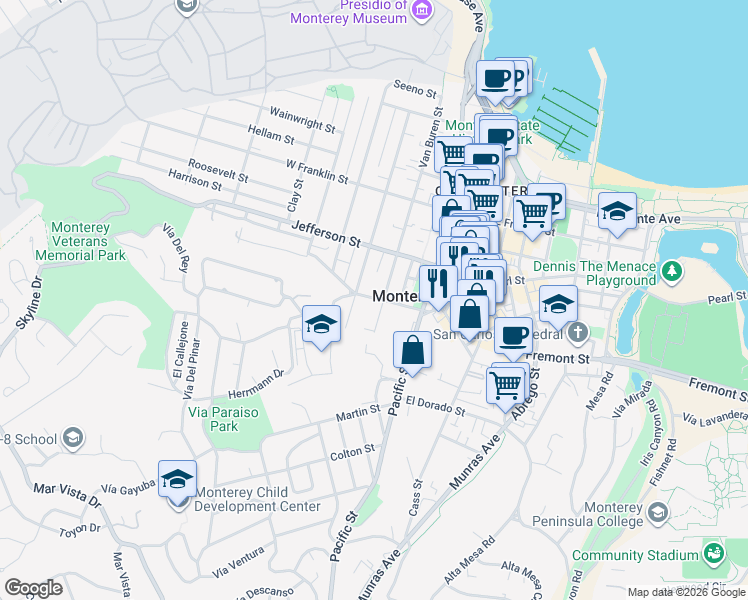 map of restaurants, bars, coffee shops, grocery stores, and more near 525 Madison Street in Monterey