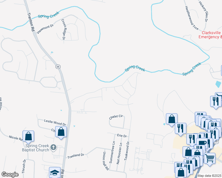 map of restaurants, bars, coffee shops, grocery stores, and more near 2983 Gibbs Lane in Clarksville