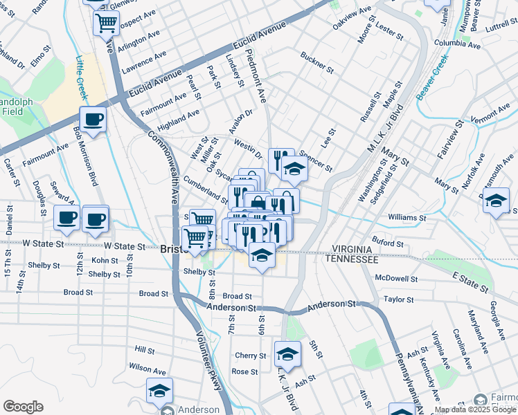 map of restaurants, bars, coffee shops, grocery stores, and more near 109 Piedmont Avenue in Bristol
