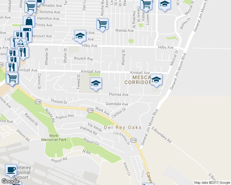 map of restaurants, bars, coffee shops, grocery stores, and more near 1375 Plumas Avenue in Seaside