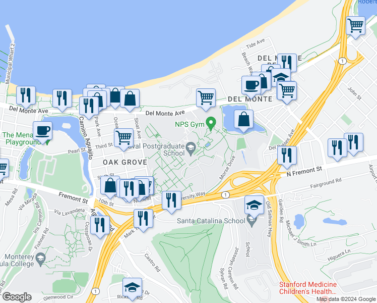 map of restaurants, bars, coffee shops, grocery stores, and more near 1 University Circle in Monterey
